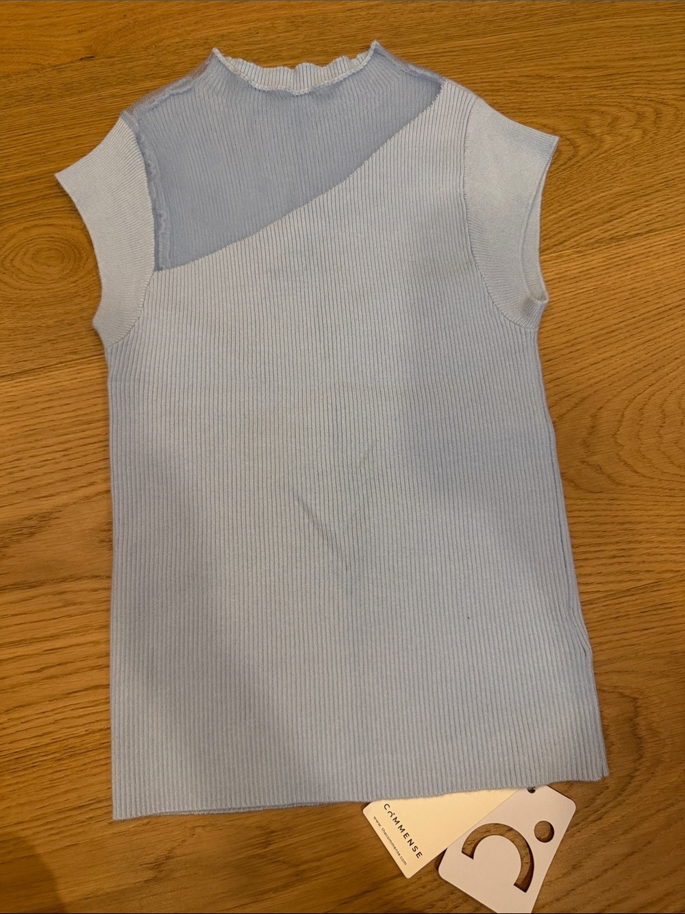 Commense Chambray Blue Ribbed Cap-Sleeve Knit Top